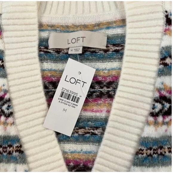 **NWT LOFT Ivory Fair Isle Relaxed Button Front Cardigan Sweater - Picture 9 of 10